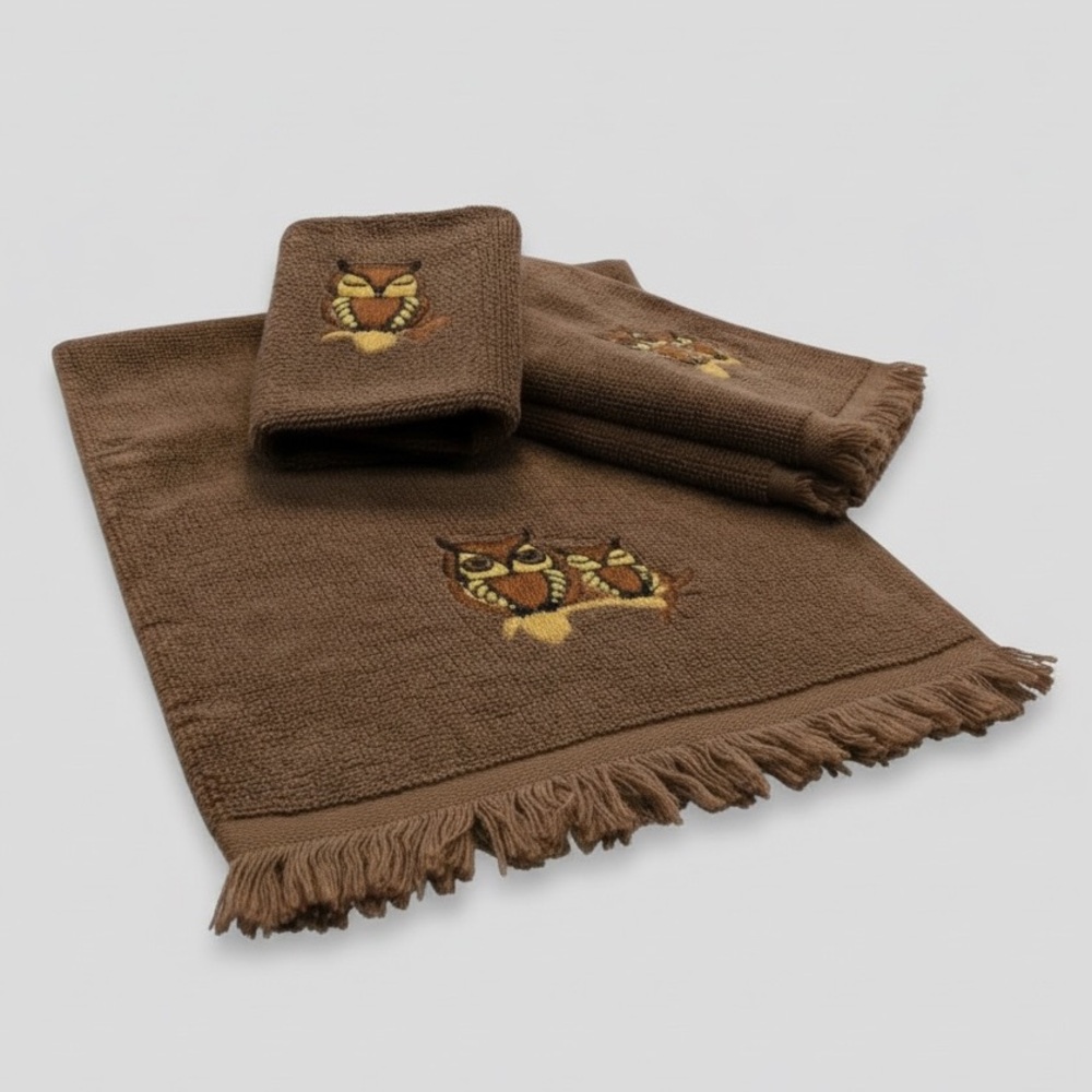 Vintage 70’s Martex 4-Piece Embroidered Owl Towel & Washcloth Set